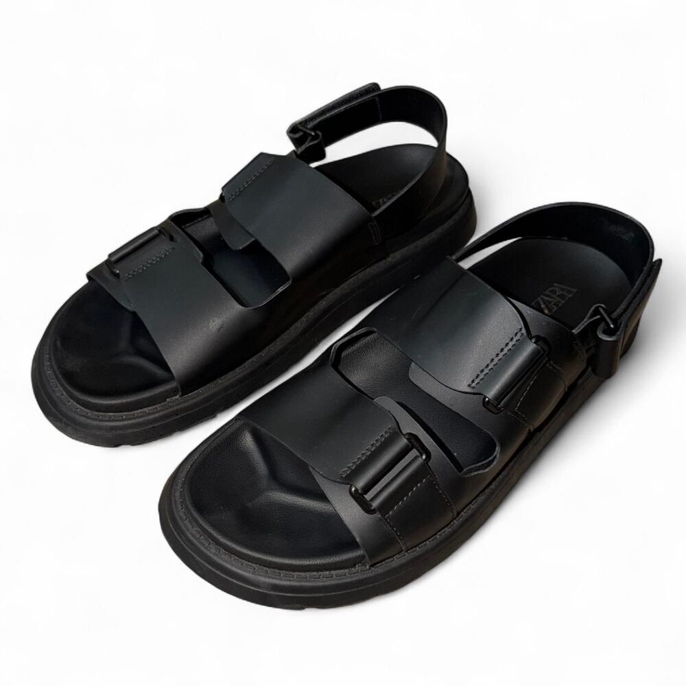 Zara double strap black leather sandals size 44/11